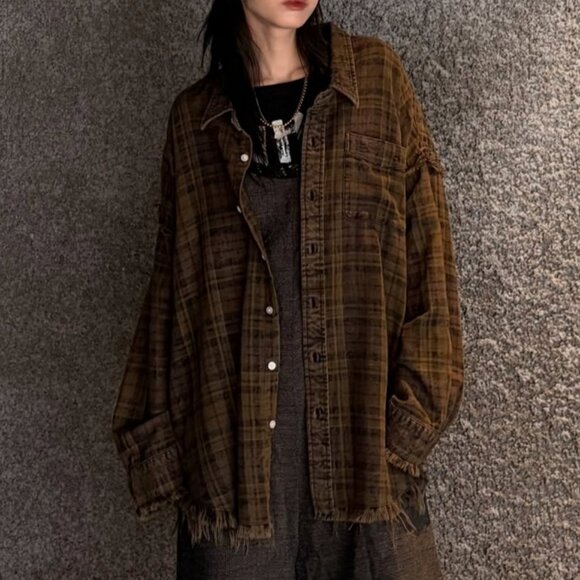 NWT R13 Shredded Seam Drop Neck Shirt Teal Navy Yellow Plaid Brown - Picture 3 of 13